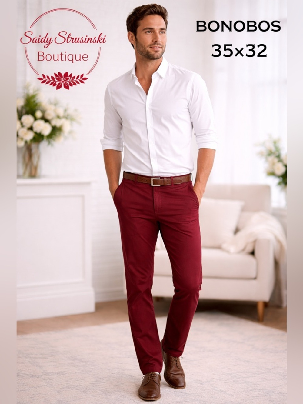 Bonobos Straight Fit Chino Pants Burgundy Red 35x32 Men Casual Stretch